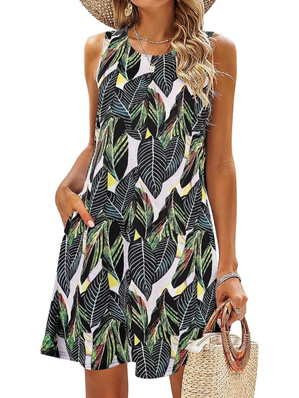 Women's Topical Green Floral Stylish Sundress Casual Pockets Boho Tank Dress